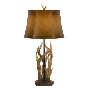 150 Watt Leatherette Shade Table Lamp With Antler Polyresin Base, Brown By Benzara