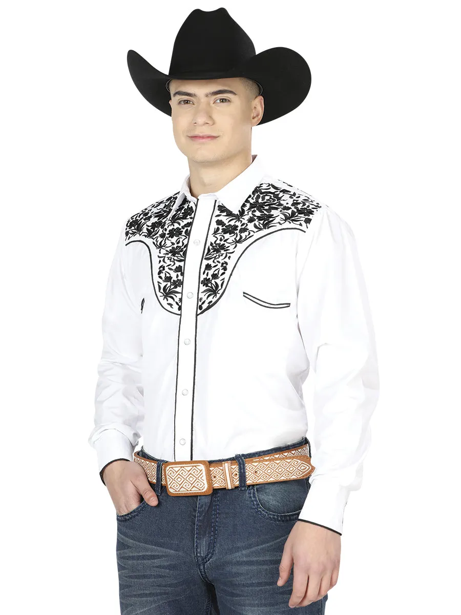 Camisa Vaquera Bordada Manga Larga Blanco para Hombre 'El Señor de los Cielos' - ID: 43300