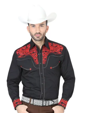 Camisa Vaquera Bordada Manga Larga Negro para Hombre 'El Señor de los Cielos' - ID: 41935