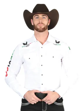 Camisa Vaquera Bordada Mexico Manga Larga Blanco para Hombre 'El General' - ID: 44277