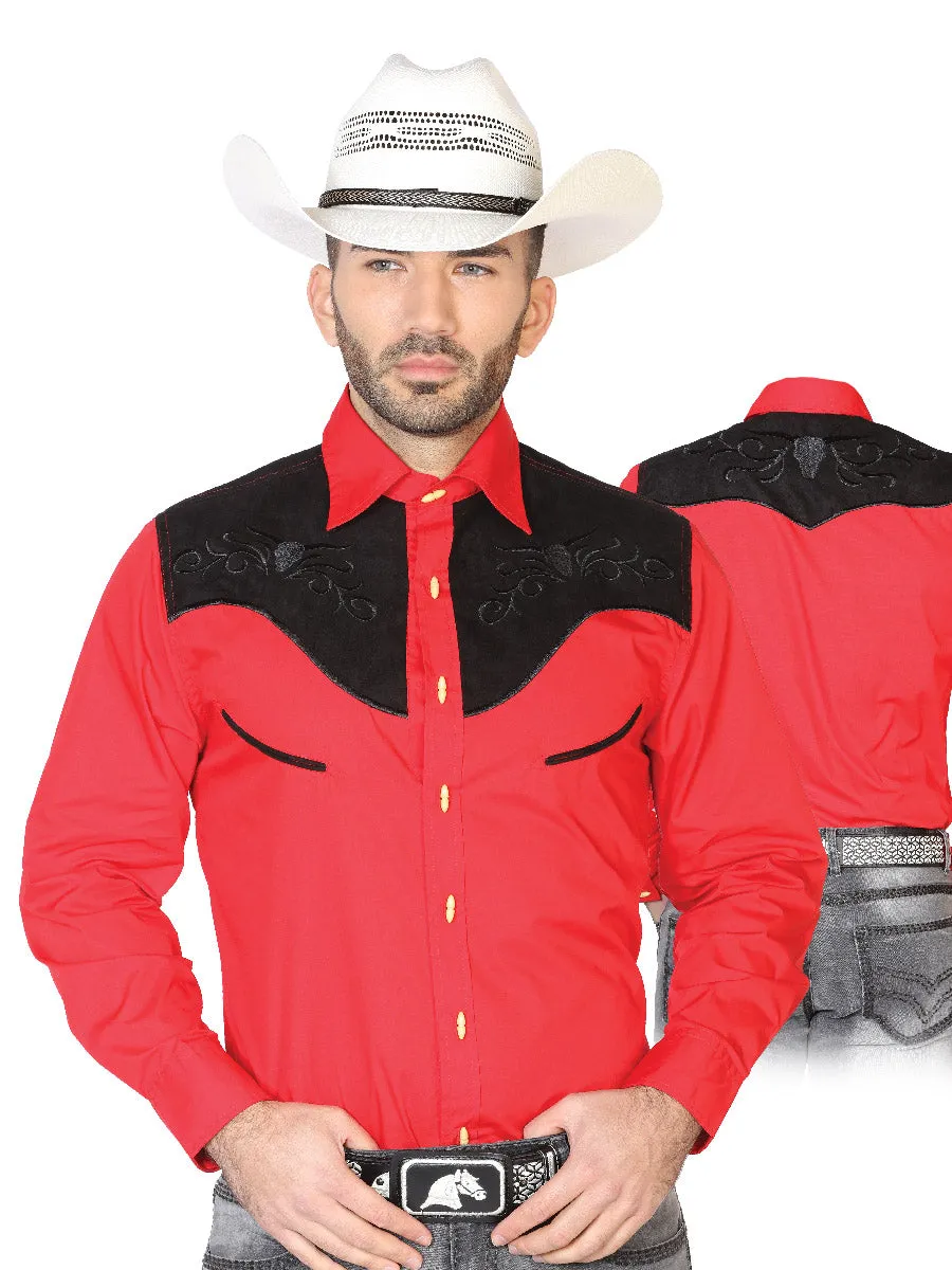 Camisa Vaquera Charra Bordada Manga Larga Rojo para Hombre 'El Señor de los Cielos' - ID: 42570