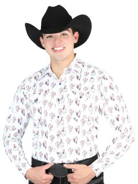 Camisa Vaquera Manga Larga de Broches Estampada Blanco para Hombre 'El General' - ID: 44318