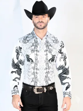 Camisa Vaquera Manga Larga de Broches Estampada Blanco/Negro para Hombre 'El Señor de los Cielos' - ID: 44066