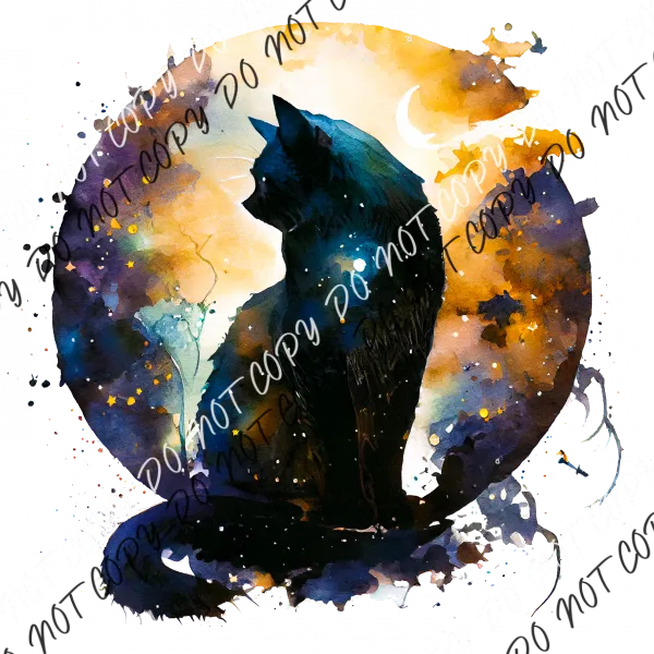 Celestial Black Yellow Cat Circle Watercolor DTF Transfer