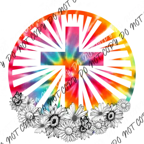 Cross with Flowers Tie Dye Circle DTF Transfer