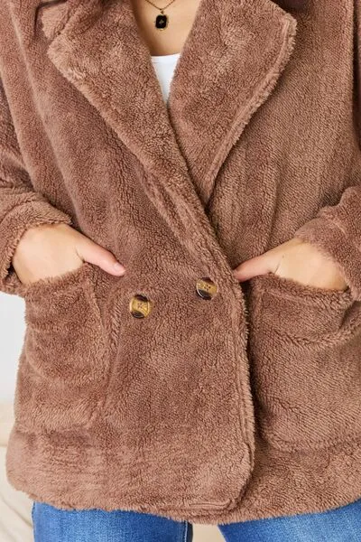 Double Breasted Fuzzy Coat in New Taupe