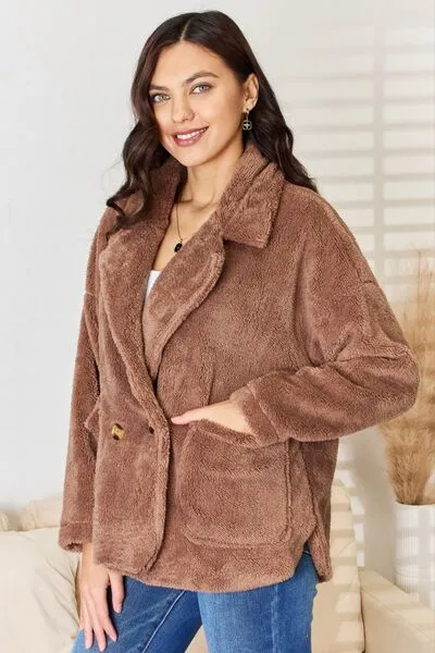 Double Breasted Fuzzy Coat in New Taupe