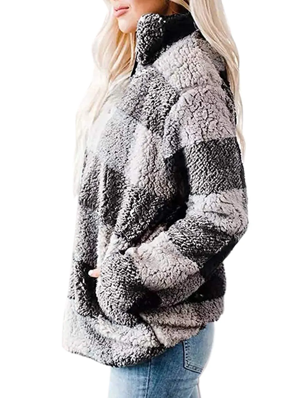 Haute Edition Women's 1/4 Zip Buffalo Plaid Sherpa Sweatshirt