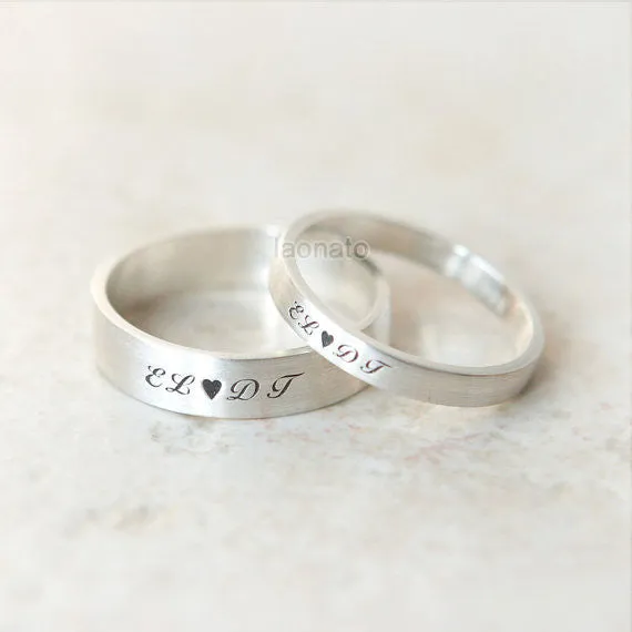 Heart and Initials engraved ring in sterling silver, Couple Rings