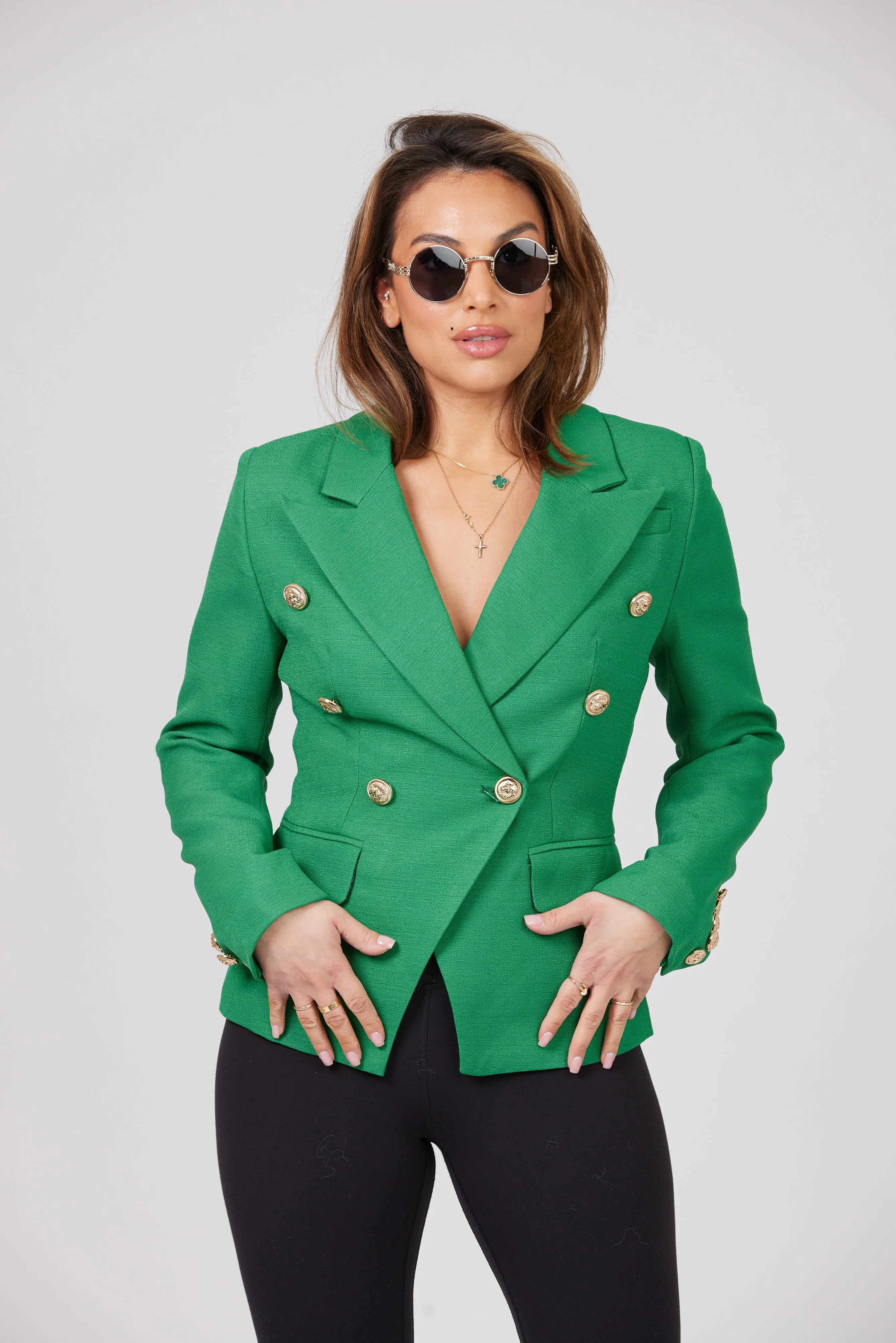 ICONIC EMERALD GREEN WITH GOLD BUTTON BLAZER