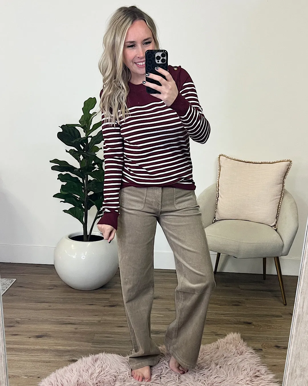 Maddie Burgundy Striped Button Shoulder Sweater