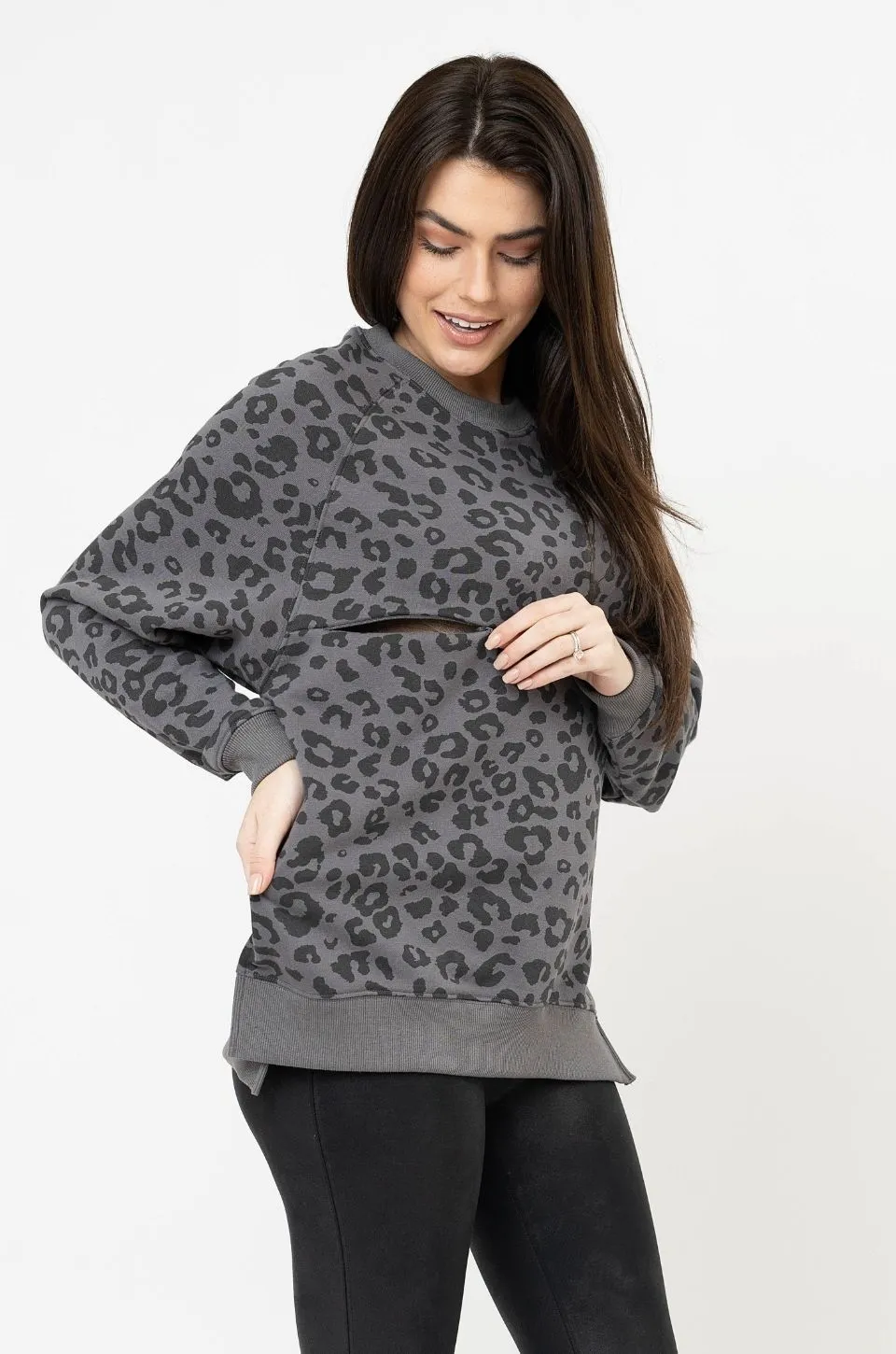 Oversized Nursing Sweatshirt With Side Slits- Gray Leopard