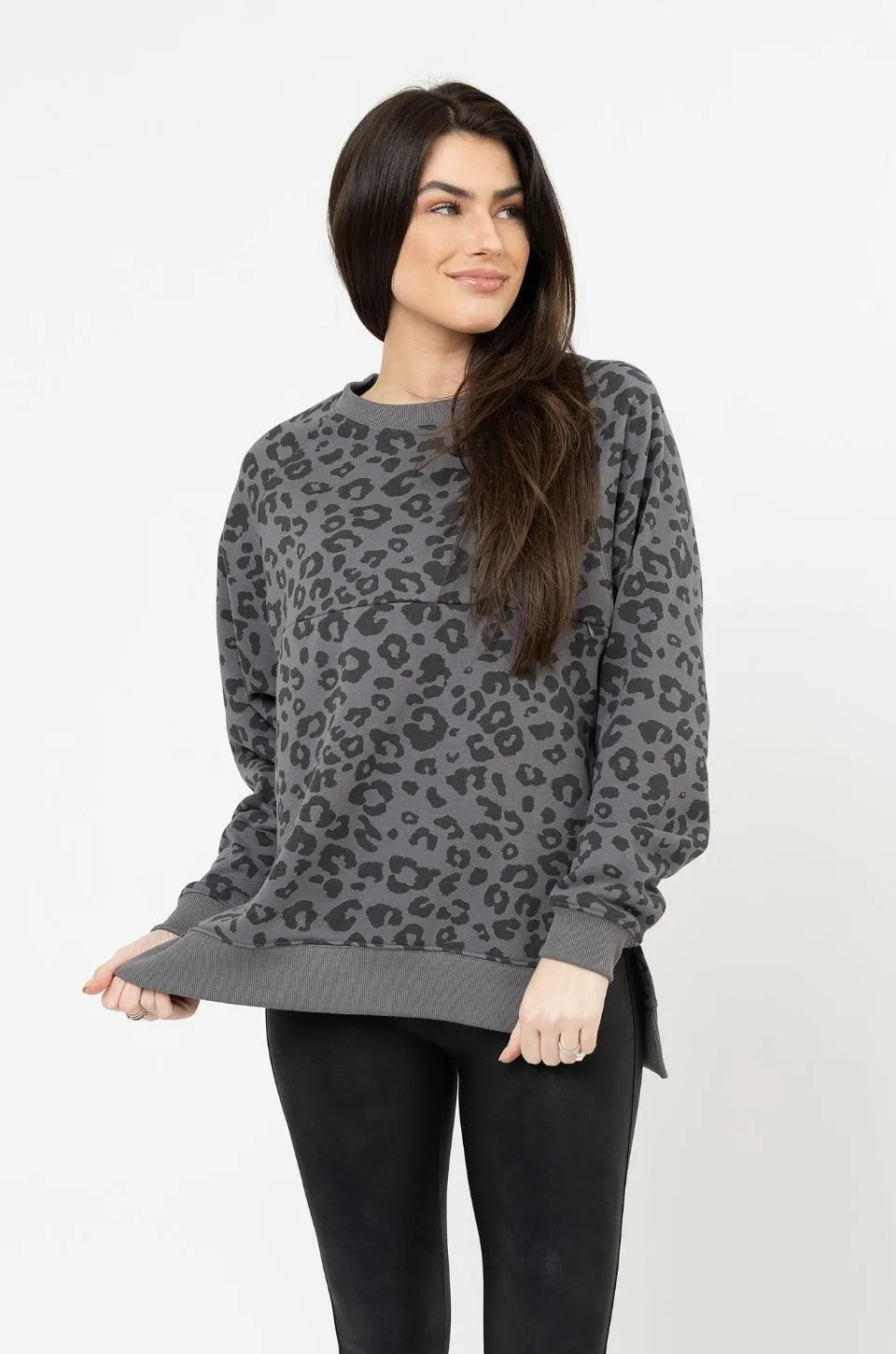 Oversized Nursing Sweatshirt With Side Slits- Gray Leopard