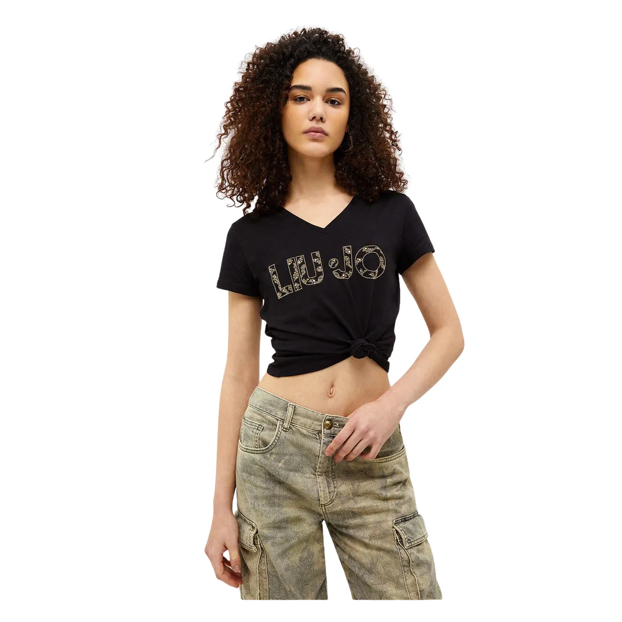 T-shirt Donna Liu-Jo Ecosostenibile Logo Nero / Oro