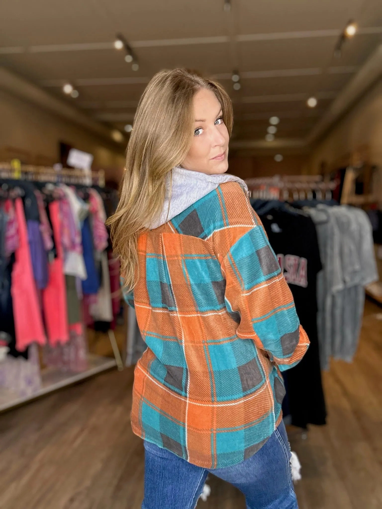 Teal Plaid Fleece Hooded Shacket