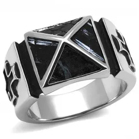 TK3075 High polished (no plating) Stainless Steel Ring with Leather in Jet