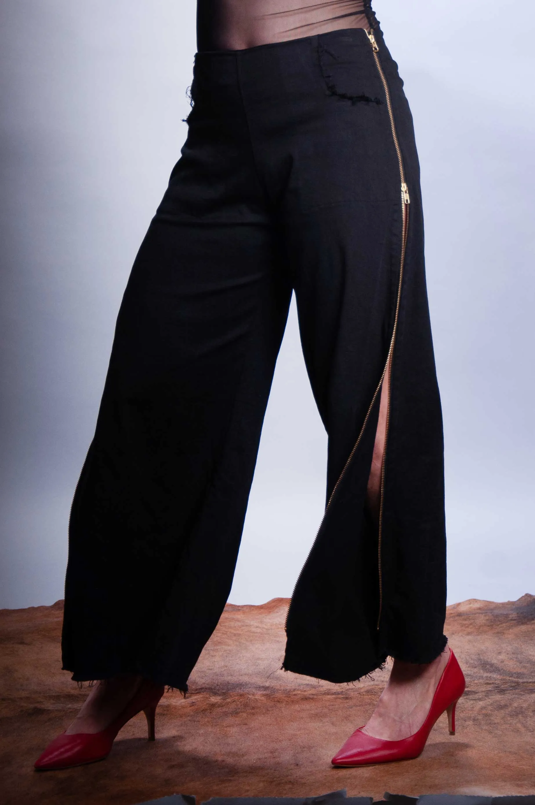 Wide Leg Zip Pant - Faded Black Denim